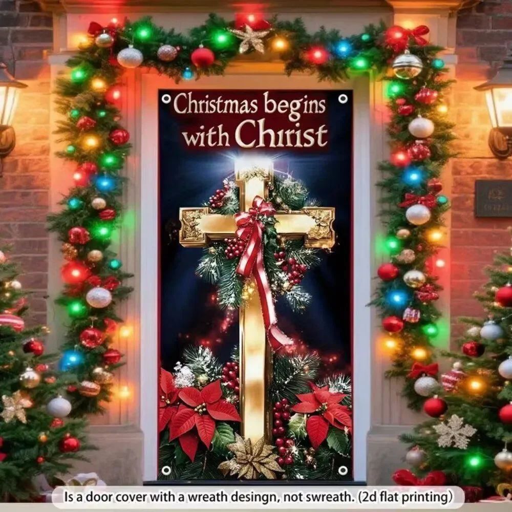 71 x 35 2D Holiday Door Banner Festive Christmas Begins with Christ Decor